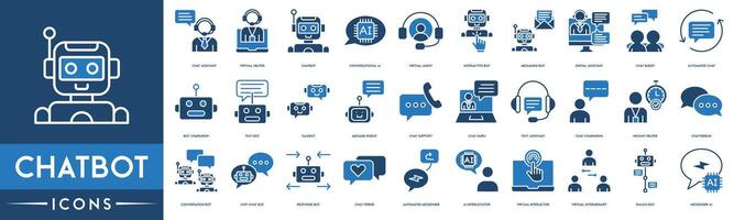 chatbot icono colocar. incluido el íconos como charla asistente, virtual ayudante, ai chatbot, mensajería bot, automatizado charlar, mensaje robot, conversacion bot, charla amigo, diálogo larva del moscardón y Mensajero ai vector