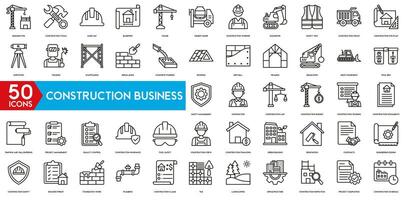 Construction Business icon set. Building, Renovation, Contracts, Construction Safety , Building Permit, Foundation Work and Plumbing, vector