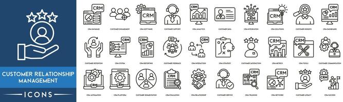 Customer Relationship Management icon set. CRM Database, Customer Engagement, Software, Customer Support, Analytics, Customer Data, CRM Integration and CRM Solutions icon vector
