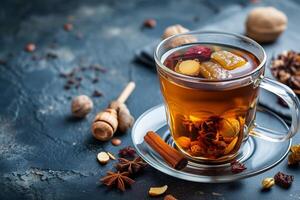 AI generated Black tea in a glass cup with honey dried fruits photo