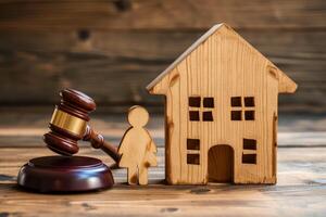 AI generated Divorse property division concept. Wooden family with house and judge gavel photo