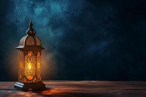 AI generated Arabic lantern on wooden background, ramadan concept photo