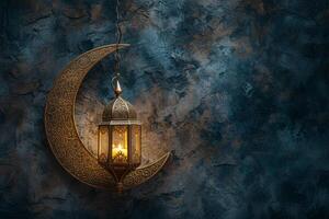 AI generated Ornate Crescent Moon Adorned with a Hanging Golden Lantern Islamic Concept Background photo