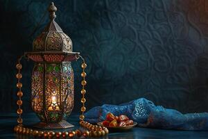 AI generated Aladdin lamp of wishes, dates, Muslim lantern and prayer beads for Ramadan on dark background photo