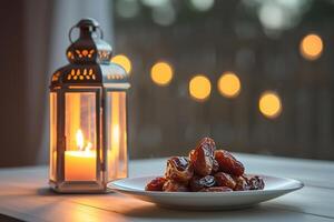 AI generated Dried dates on white plate and lantern with burning candle on white wooden table, bokeh light on background photo