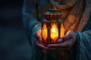 AI generated Female hands holding decorative lantern on dark background. Ramadan Kareem concept photo