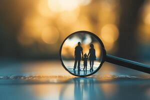 AI generated magnifying glass at the family Planning for life insurance or health for children Make a financial plan for your family. family composition study photo