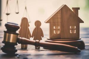 AI generated Divorse property division concept. Wooden family with house and judge gavel photo