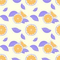 Pattern of fresh Citrus slices and purple leaves on pastel yellow background, hand drawn sketch. vector