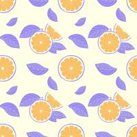 Pattern of fresh Citrus slices and purple leaves on pastel yellow background, hand drawn sketch. vector