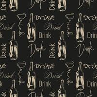 Seamless pattern of stylized hand drawn bottles with doodles and text Drink on dark background. vector