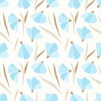 Cornflowers pattern of blue flowers and brown leaves on pastel creme background. vector