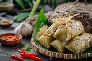 AI generated Ketupat served with various special indonesian food photo