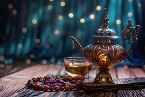 AI generated Aladdin lamp of wishes prayer beads glass and dates photo