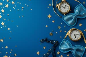 AI generated Sleeping Masks, Golden Stars and Alarm Clock on Blue Background photo