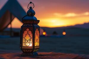 ai generado iluminado egipcio linterna por Arábica tienda en el Desierto durante Ramadán noche foto