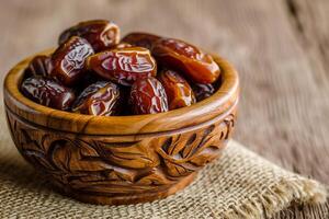 AI generated Gleaming Dates in a Carved Wooden Bowl on Burlap Cloth photo