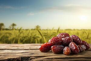 AI generated Dates on wooden table over field and sky background. Festive still life with copy space. Healthy vegan sweet food photo