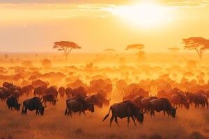 AI generated World Wildlife Day Groups of wild beasts were gathered in large herds in the open field in the evening when the golden sun was shining photo