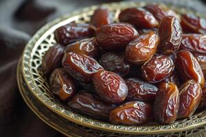 AI generated Organic dried dates on a bronze plate photo