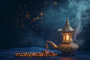 AI generated Aladdin lamp of wishes, dates, Muslim lantern and prayer beads for Ramadan on dark background photo