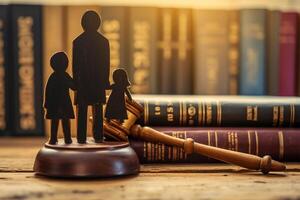 AI generated Divorce and custody child concept. Gavel and family silhouette on book background photo