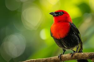 AI generated Lonely Crimson Backed Tanager standing over a branch photo