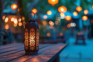 AI generated Abstract candle lantern light on wood table in blur bokeh pub restaurant dinner background concept for ramadan kareem night life photo