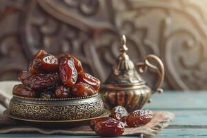 AI generated Ramadan food and drinks concept. Ramadan tea and dates fruits on dark background photo