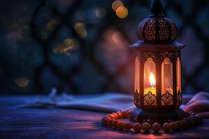 AI generated Lantern with burning candle and prayer beads on table against blurred lights photo