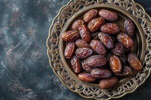 AI generated Organic dried dates on a bronze plate photo