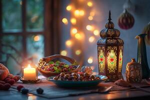 ai generado musulmán Ramadán Mubarak iftar mesa muestra Ramadán comidas y linterna ligero con santo mes eid Mubarak concepto antecedentes foto