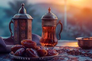 AI generated Islamic holy Ramadan dates fruits and drinks background photo