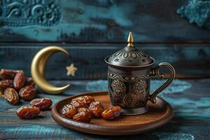 ai generado Arábica café y fechas, dallah con creciente luna, Ramadán antecedentes foto