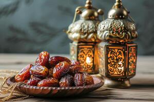 AI generated a dish of dates and arabic lanterns. Iftar and sahur Ramadan photo