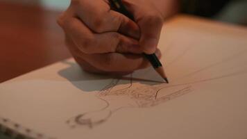 detailopname van een personen hand- schetsen Aan een spiraal notitieboekje met Ondiep diepte van veld. video