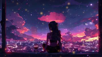 AI generated An animated scene featuring a girl with a glass of wine against a nighttime cityscape backdrop. Lofi style. Loop video