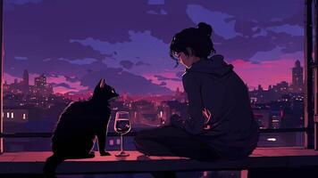 ai gegenereerd een geanimeerd tafereel met een meisje met wijn en een kat tegen een 's nachts stadsgezicht achtergrond. lo-fi stijl. doorlopend lus video
