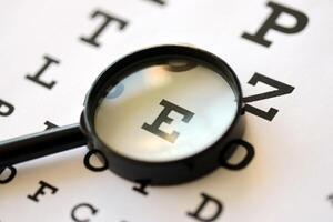 Magnifier glass focuses eye chart letters clearly and lies on eye test chart paper photo