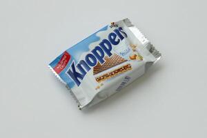 kyiv, ucrania - 4 de mayo de 2022 packshot de knoppers crispy waffle sandwiches producto foto