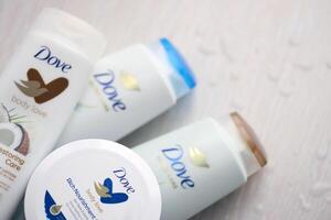 KYIV, UKRAINE - FEBRUARY 27, 2024 Production of Dove is a personal care brand by Unilever photo