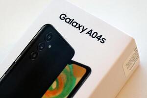 KYIV, UKRAINE - 4 MAY, 2023 Samsung Galaxy A04 Android smartphone has 6.5-inch PLS LCD panel with Infinity-V design photo