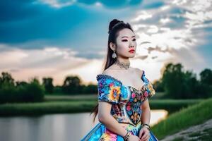 AI generated Mongolian girl in traditional national dress. Neural network AI generated photo