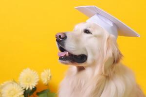 ai generado graduado perrito perro en amarillo antecedentes. neural red ai generado foto