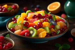 AI generated Bowl of healthy fresh fruit salad on wooden background. Top view. Neural network AI generated photo