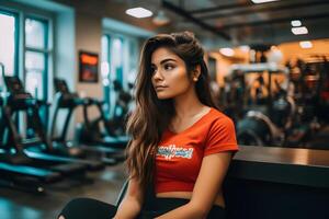 ai generado hermosa atlético latina mujer en el gimnasia. neural red ai generado foto