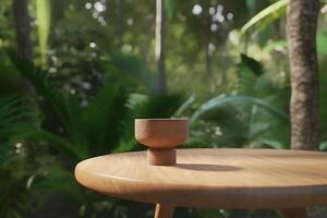AI generated Jungle table background. Interior table for a cosmetic item against the backdrop of tropical plants, palms and jungle. Neural network AI generated photo