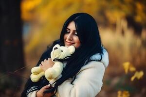 AI generated Portrait of girl hugging cute toy bear, dreaming, enjoying present. Neural network AI generated photo