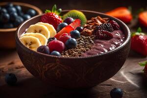 ai generado sano sabroso desayuno. harina de avena con bayas y frutas neural red ai generado foto