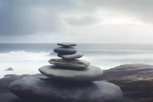 AI generated Pyramid stones balance on the sand of the beach. The object is in focus, the background is blurred. Neural network AI generated photo